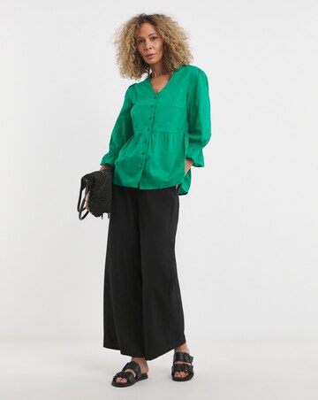 Green Cotton Dobby Puff Sleeve Top