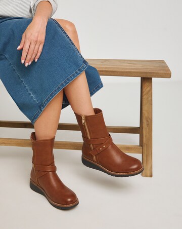 Heavenly Soles Billie Low Wedge Buckle Strap Boot - Wide Fit (E)