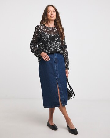 Mono Print Volume Sleeve Cold Shoulder Top