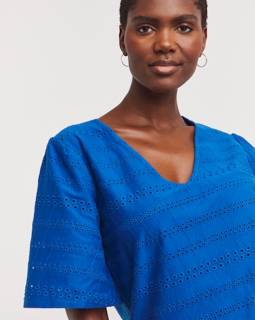 Blue V Neck Brioderie Angel Sleeve Top