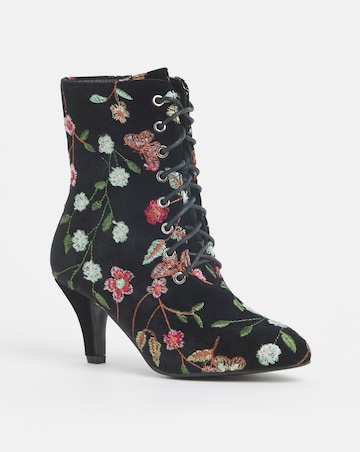 Joe Browns Black Velvet Embroidered Lace Up Bootie- Extra Wide Fit (EEE)