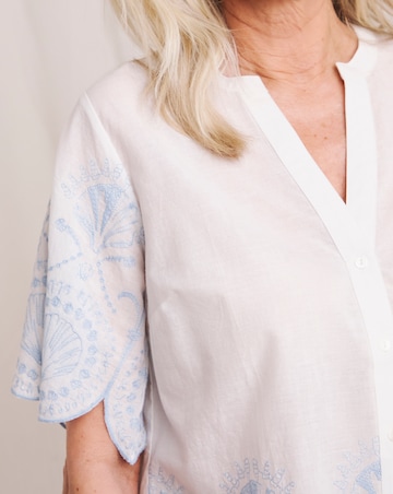 Julipa Pure Cotton Shell Embroidered Button Down Blouse