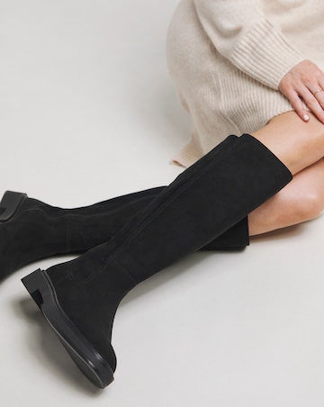 Perry Stretch Back Panel Flat Knee High Boots Wide E Fit Standard Calf