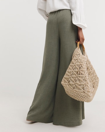 Khaki Textured Wide Leg Palazzo Trousers