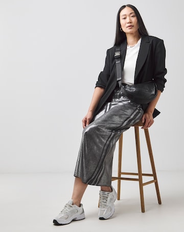 Silver on Black Metallic Coated Column Denim Skirt