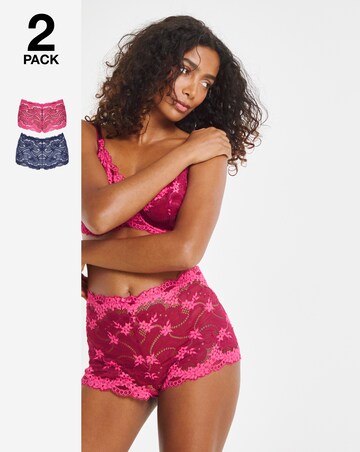Pretty Secrets (2 Pack) Grace Lace Short Brief Knickers Raspberry/Navy