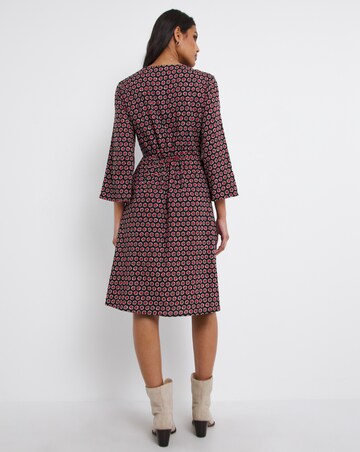Geo Print Ruched Tie Neck A-Line Dress