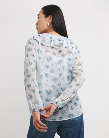 Womens Chiffon Frill Neck Long Sleeve Blouse - Blue Print