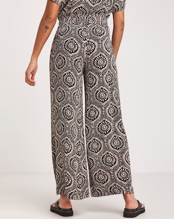 Mono Print Crinkle Shirred Waist Wide Leg Trousers