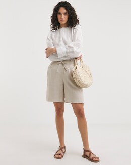 Sand Linen Mix Knee Length Shorts