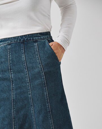 Indigo Raw Edge Fit and Flare Full Denim Skirt