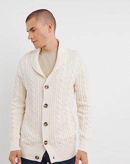 Ecru Cable Knit Shawl Neck Cardigan