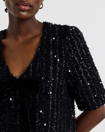 Fluffy Sequin Bow Front Top