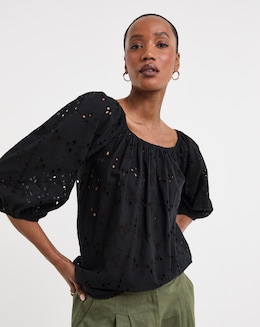 Pure Cotton Broderie Elasticated Neckline Top