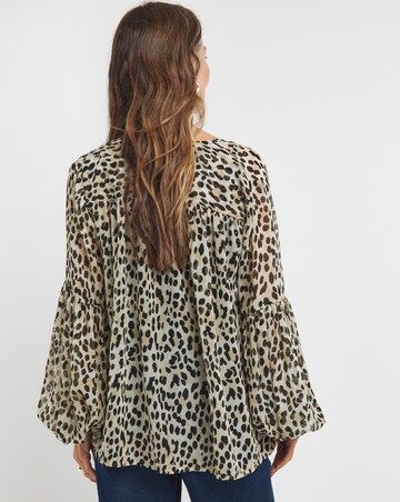 Georgette Blouson Sleeve Tie Detail Blouse - Leopard