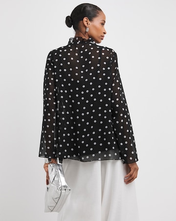 Black Spot Tie Detail Ruffle Blouse