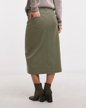 Khaki Midi Button Front Denim Skirt