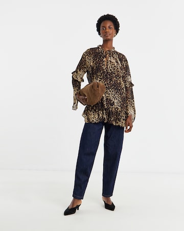 Womens Asymmetric Frill Long Sleeve Blouse - Blue Abstract