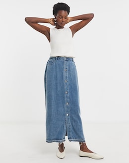 Button Front Midi Denim Skirt with Tencel TM Lyocell