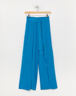 Turquoise Crinkle Wide Leg Wrap Trousers