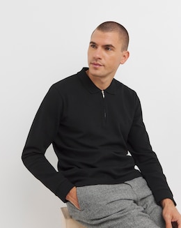 Long Sleeve Textured Jersey Polo- Black
