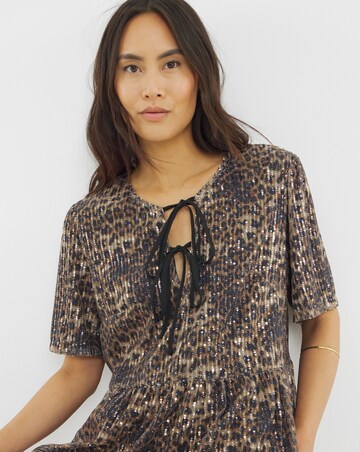 Leopard Sequin Tie Front Top