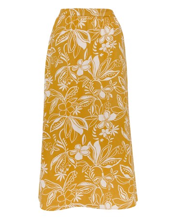 Yellow Print Linen Mix Midi Skirt