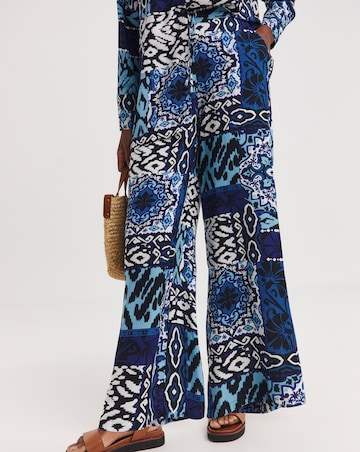 Blue Printed Spun Viscose Pull On Wide Leg Trousers