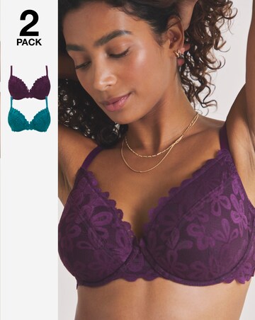 Pretty Secrets (2 Pack) Daisy Lace Plunge Wired Bras (B-F) Green/Plum