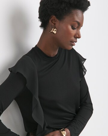 Black Crew Neck Chiffon Frill T-Shirt