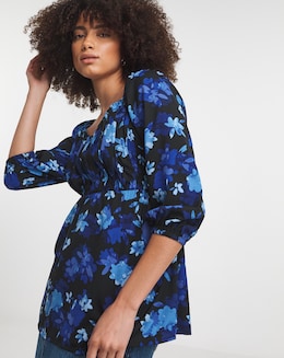 Blue Floral Pleated Front Top