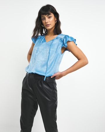 Blue Tie Neck Frill Detail Sleeveless Satin Top