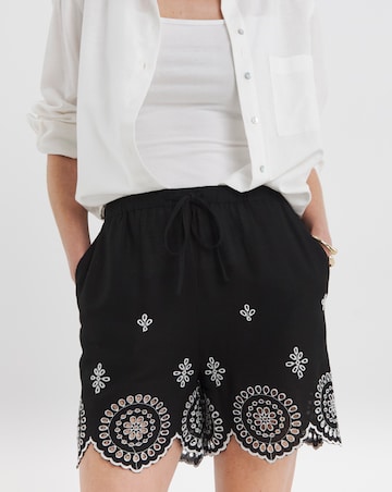 Black Linen Mix Broderie Hem Shorts