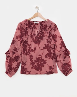 Womens Sheer Ruffle Detail Long Sleeve Blouse - Floral