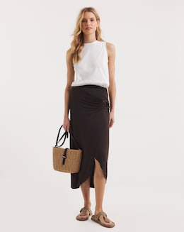 Chocolate Stretch Jersey Ring Detail Mock Wrap Skirt