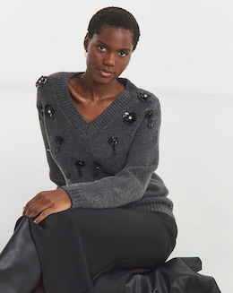 Grey V Neck Embellished Jumper