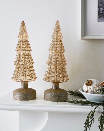 Gisela Graham Gold Glass Light Up Christmas Trees - Set of 2