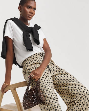 Natural Print Spun Viscose Pull On Wide Leg Trousers