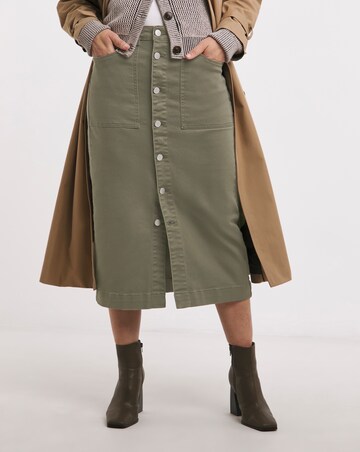Khaki Midi Button Front Denim Skirt