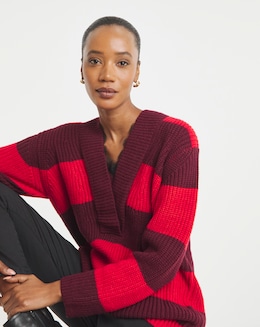 Red Stripe V Neck Lace Trim Jumper