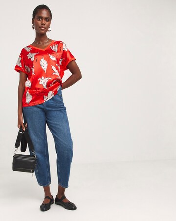 Red Floral Print V Neck Satin Front Top