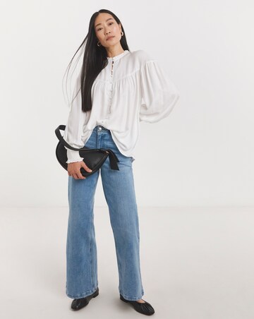 Womens Twill Collarless Blouson Sleeve Blouse- Ivory