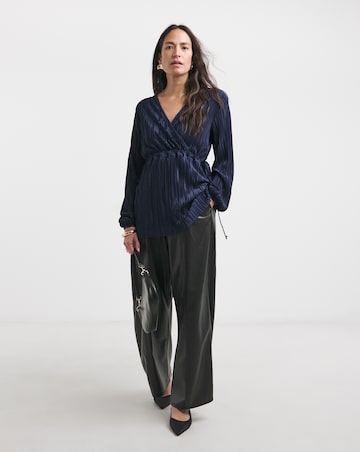 Navy Plisse V Neck Longline Wrap Top