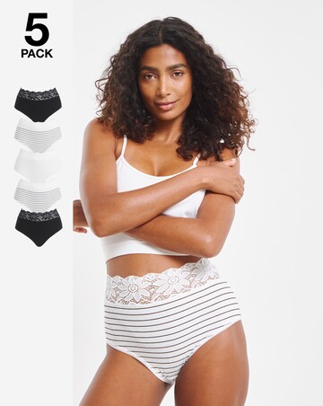 Pretty Secrets (5 Pack) Lace Top Full Brief Knickers Mono Stripe