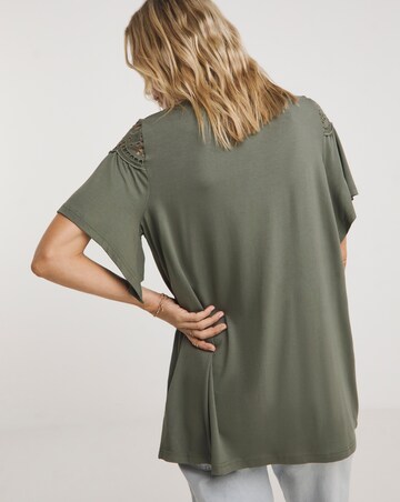 Khaki Broderie Yoke Angel Sleeve Longline Top