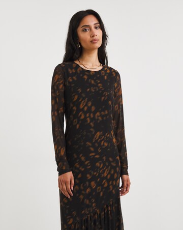Joanna Hope Animal Asymmetric Frill Mesh Maxi Dress