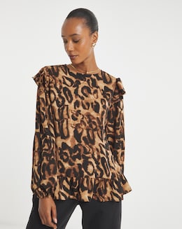 Frill Detail Smock Blouse - Leopard