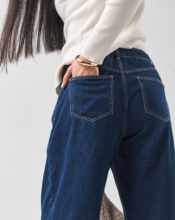 Mid Blue Pleat Front Wide Leg Jeans