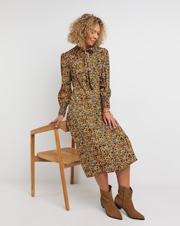 Multi Floral Tie Neck Swing Dress