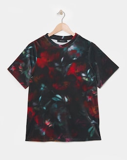 Floral Crew Neck Short Sleeve Velvet Top